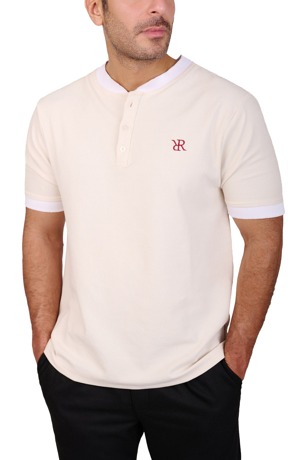 Rflx Reflection Polo in cream, close view of the knit face, three-button placket and crimson RR monogram