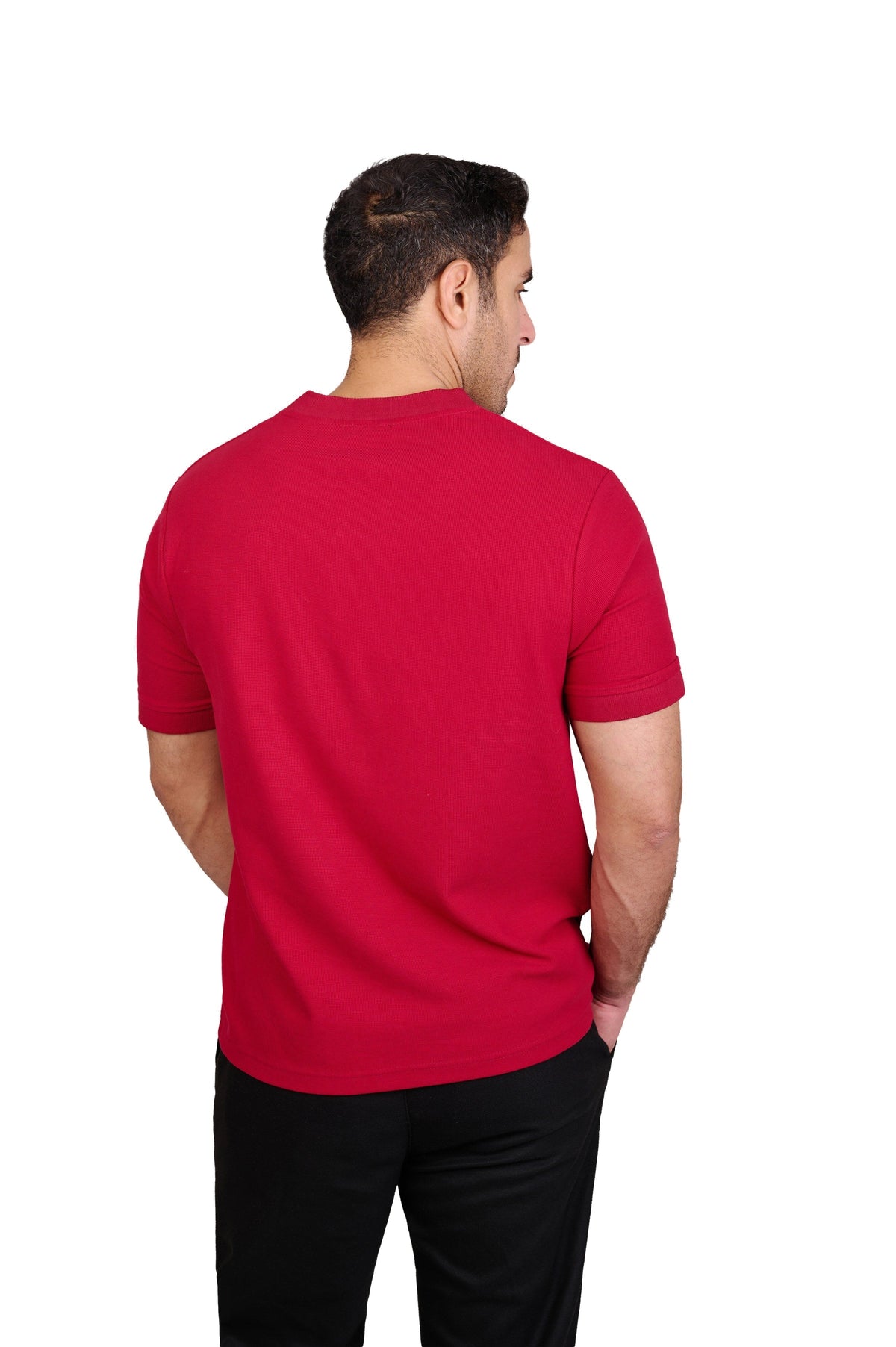 Rflx Reflection Polo, a cotton knit polo with a ribbed mandarin band collar, in crimson, back view showing the plain body and curved hem