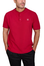 Rflx Reflection Polo in crimson, close view of the knit face, three-button placket and ivory RR monogram