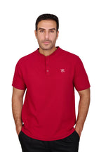 Rflx Reflection Polo, a cotton knit polo with a ribbed mandarin band collar, in crimson, front view worn with black trousers