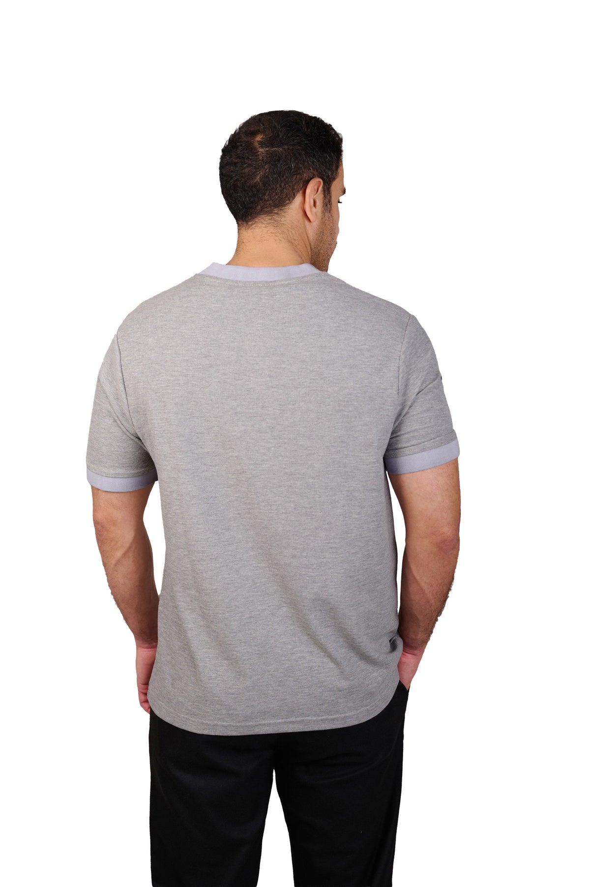 Rflx Reflection Polo, a cotton knit polo with a ribbed mandarin band collar, in heather grey with lilac ribbed trim, back view showing the plain body and ribbed band collar