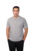 Rflx Reflection Polo, a cotton knit polo with a ribbed mandarin band collar, in heather grey with lilac ribbed trim, front view worn with black trousers