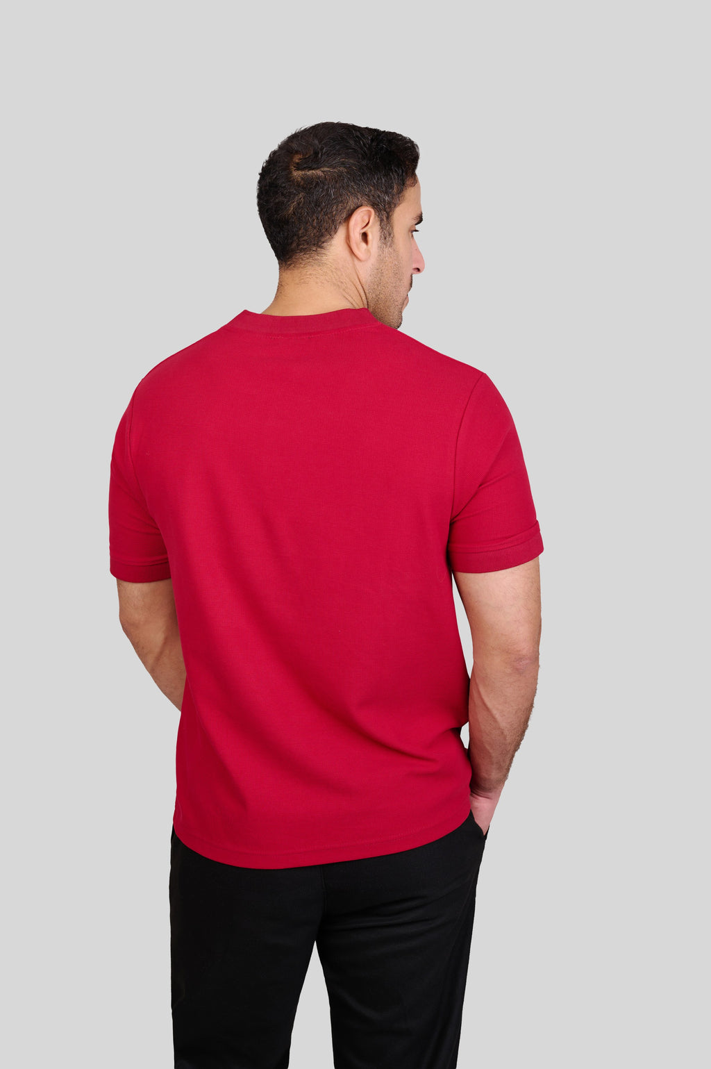 Rflx waffle-knit mandarin collar henley tee in crimson, back view showing the plain body and ribbed collar